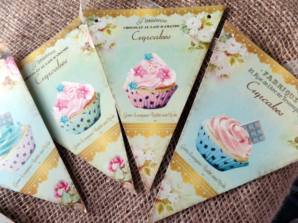 3 m Cupcake Estilo Francés Parisino Bunting/Bandera con Cinta de Organza Crema Foto 3 de 4