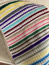 NEW-handmade Crochet afghan V-stitch throw White Multicolor Stripe Approx 62x44