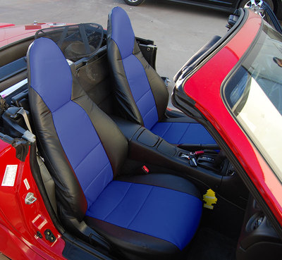 for MAZDA MIATA 2001-2005 IGGEE CUSTOM MADE FIT 2 FRONT SEAT COVERS BLACK/BLUE