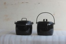2 Pc Black Vintage Enamel Cooking Pot Kitchenware Home Decor Collectible