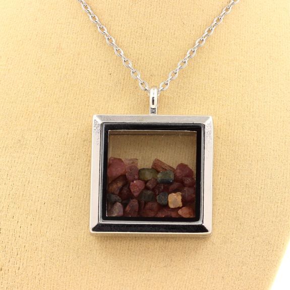 Collier en tourmaline multicolore brute pendentif carré argent - 3
