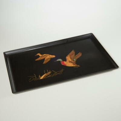 VINTAGE COUROC MONTEREY BRASS & WOOD INLAID DUCK SERVING TRAY, 18