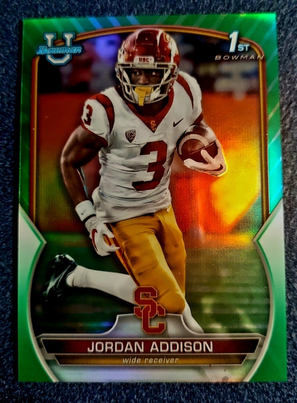 2022 Bowman Chrome University Green Refractor No. 36 Jordan Addison #/99 USC KHH