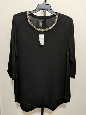Grace Elements Womens Plus Black Sweater Rhinestone Embellish Pullover Tunic 3X