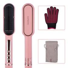 Pink Negative Ionic Hair Straightener Brush with 9 Temp Settings LED Display