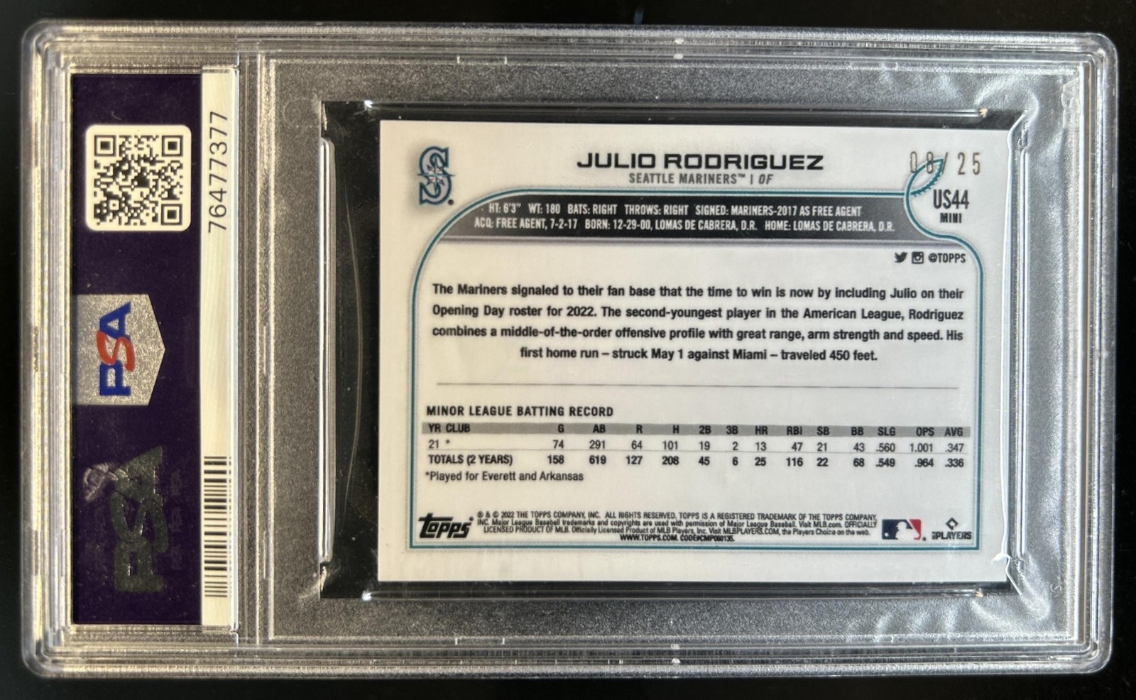 2022 Topps Mini Julio Rodriguez Pink Rookie RC #US44 Mariners PSA 10 GEM MINT view 2