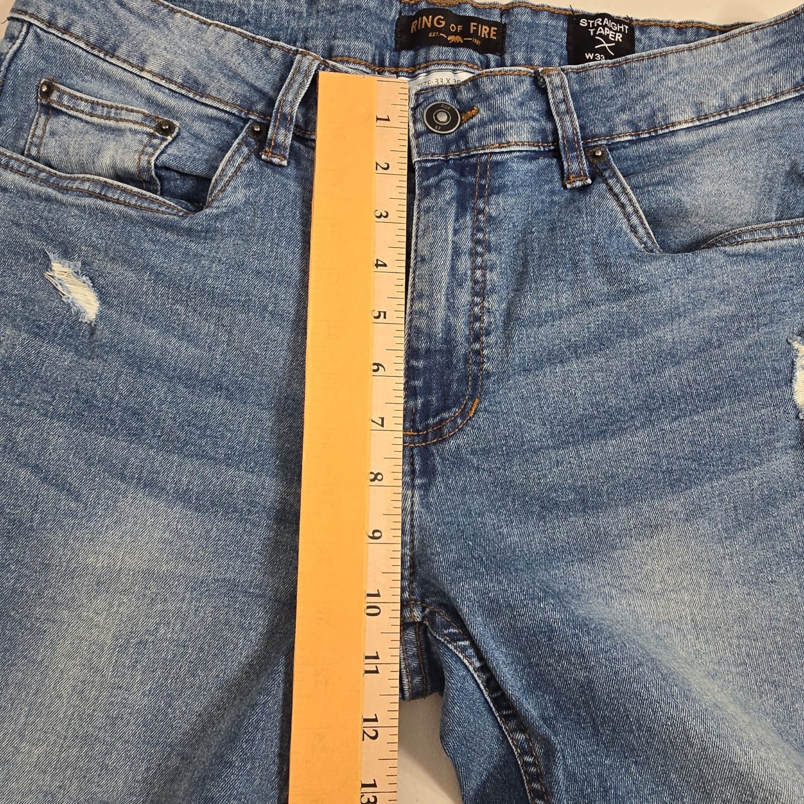 Ring of Fire  Straight  Taper Jeans Mens 33x30 Light Wash Blue Distressed Denim