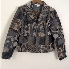 Dressbarn Elegant Blazer Jacket Black Gray Tan floral geometric zip front SZ SM
