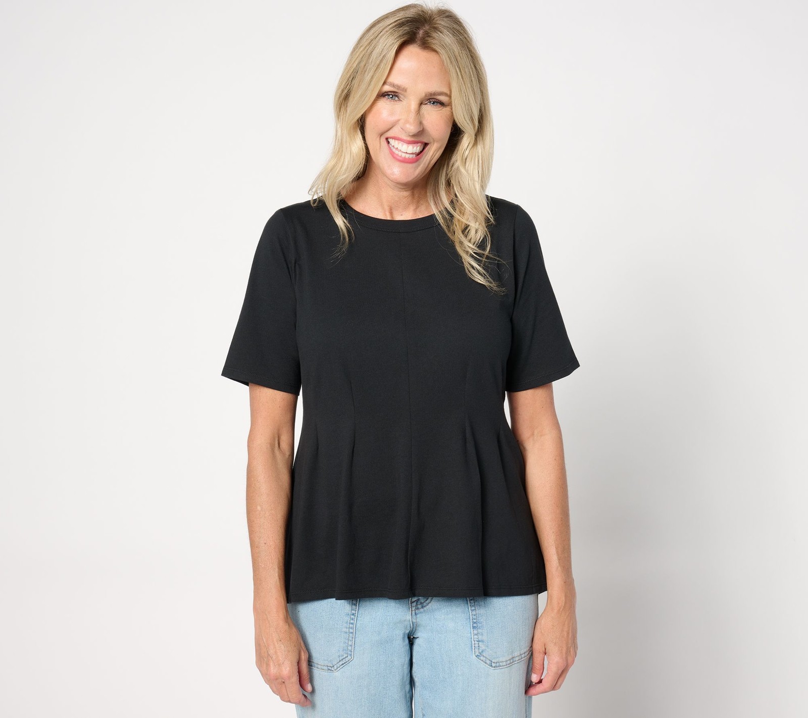 Peace Love World Women's Top Sz M Cinched Waist HiLow Short Sleeve Black A655972