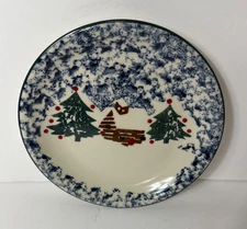 Folkcraft by Tienshan Cabin in the Snow Spongeware Salad Plate Christmas Red Dot