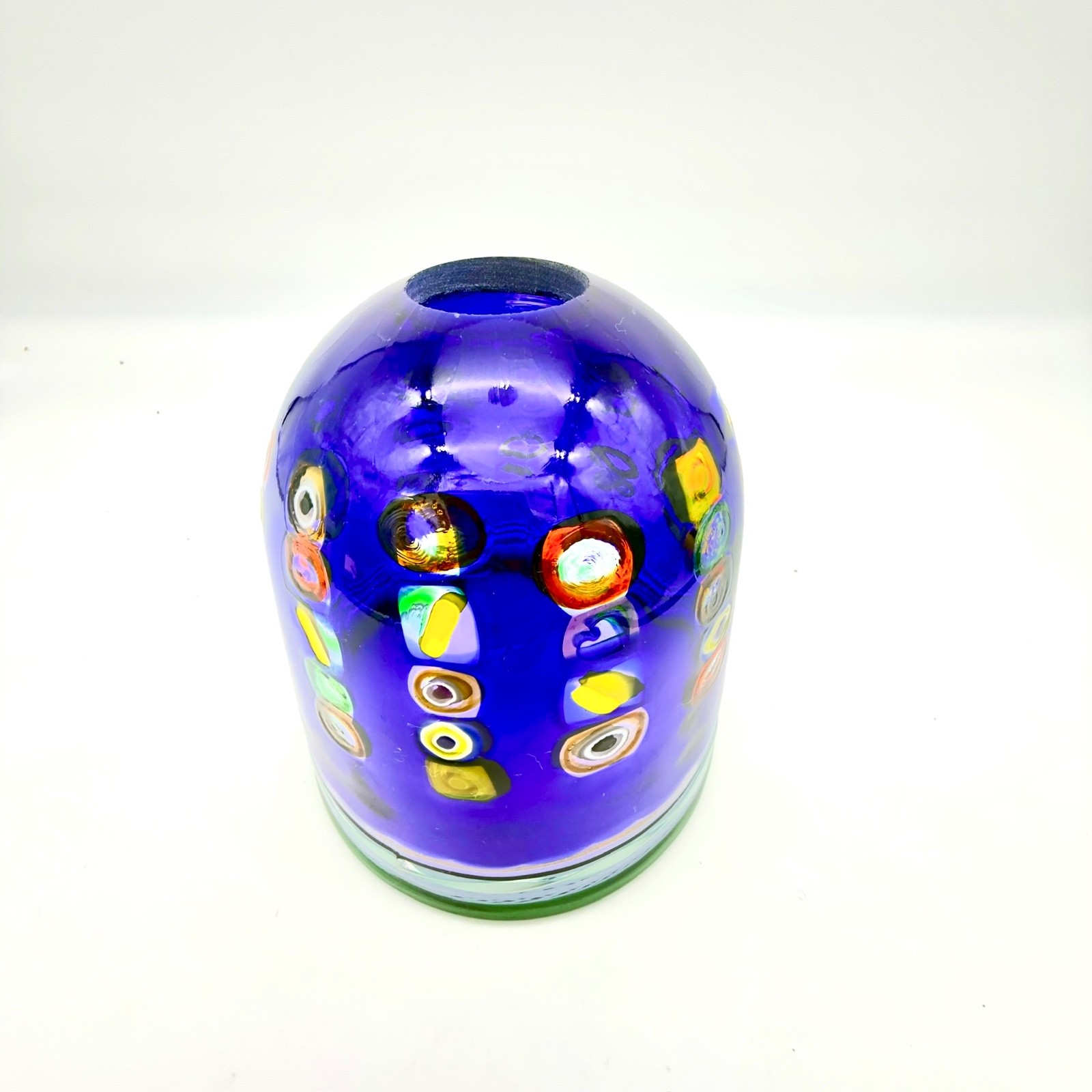 Murano Style Blue Murrine Millefiori Art Glass Pendant Lamp Shade Green Rim MCM