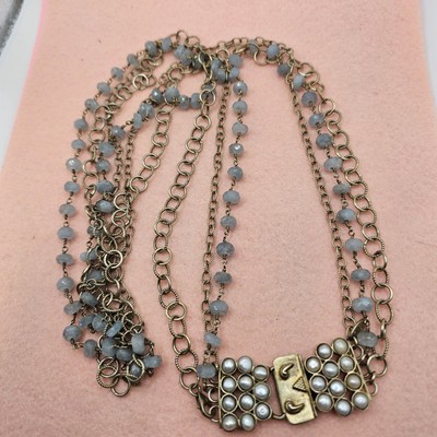 Safia Aquamarine Necklace Vintage 925 multi chain Box pearl fold over clasp 36'' 