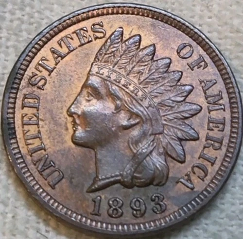 1893 Indian Cent Nice w/some Red AU+/UNC Details. True Auction. Rev env damage