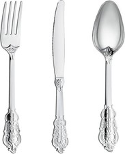 300PCS Silver Plastic Silverware, Heavy Duty Plastic Cutlery for Parties, Fancy