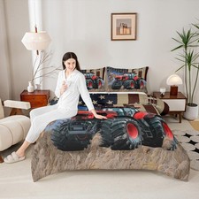 Farming Tractor Boys Girls Comforter Set,Rustic Farmhouse Style Red Truck Duv...