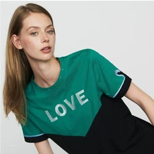 Maje Toevi Embroidered Heart Stud Colorblock Green Black Love Tee Size 3/large