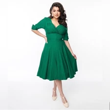 UNIQUE VINTAGE Elegant Emerald Green Dolores Swing Retro Dress Size large 10/12