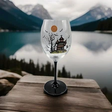 1 Halloween Spooky Haunted House w Glitter Wine Glass