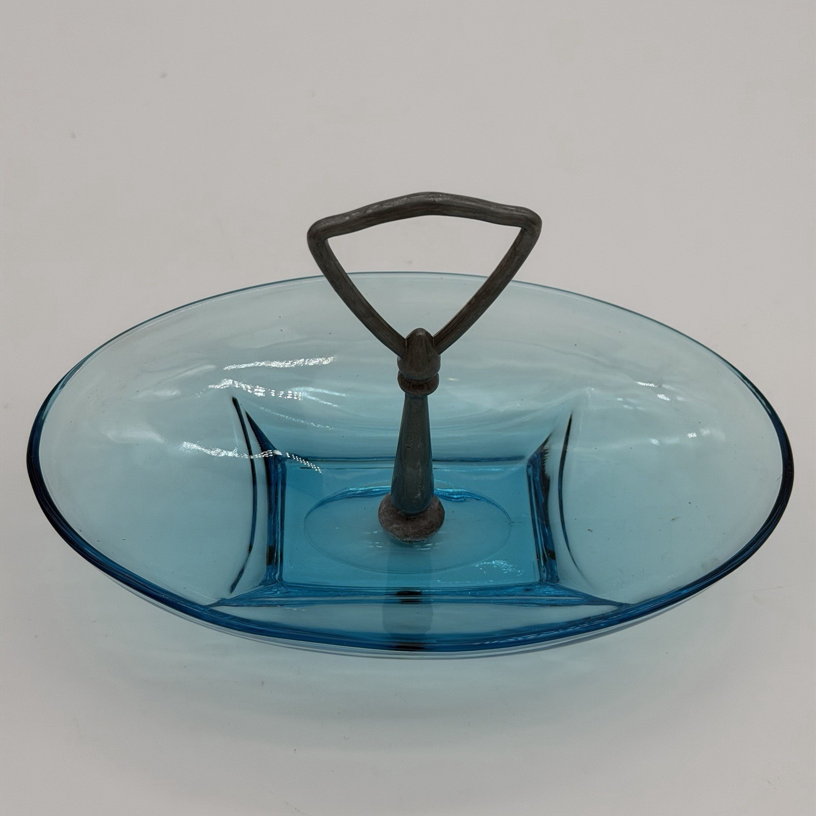 Vintage Hazel Atlas Glass Capri Azure Blue Colony Oval Handled Bowl 8