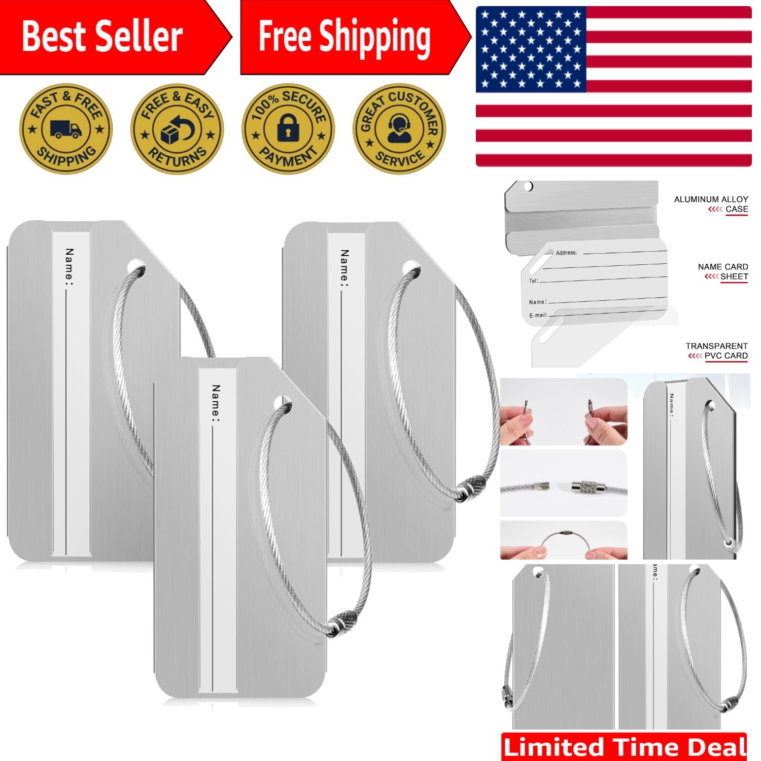 & Bag Tags Set Of 3 - Aluminum With Durable Stainless Steel