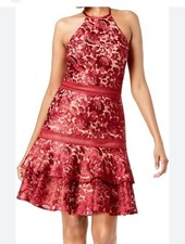 Xscape Lace Overlay Halter Dress Womens 8 Red Floral Ruffle Tier Prom Cocktail