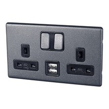 MK K24344LBKB 2 Gang Switched Socket with USB Lustrous Black Screwless Flatplate