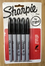 Sharpie Permanent Marker Fine Point Black Pack of 5 Classroom Office Home New