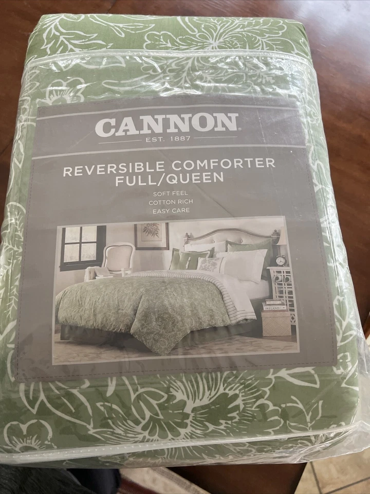 NOVO edredom reversível Cannon completo/rainha sálvia verde e branco floral e listras - Imagem 2 de 4