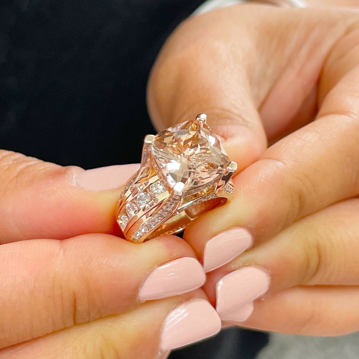 Cushion Cut Morganite Rose Gold Diamond Ring 14K Rose Gold Cushion