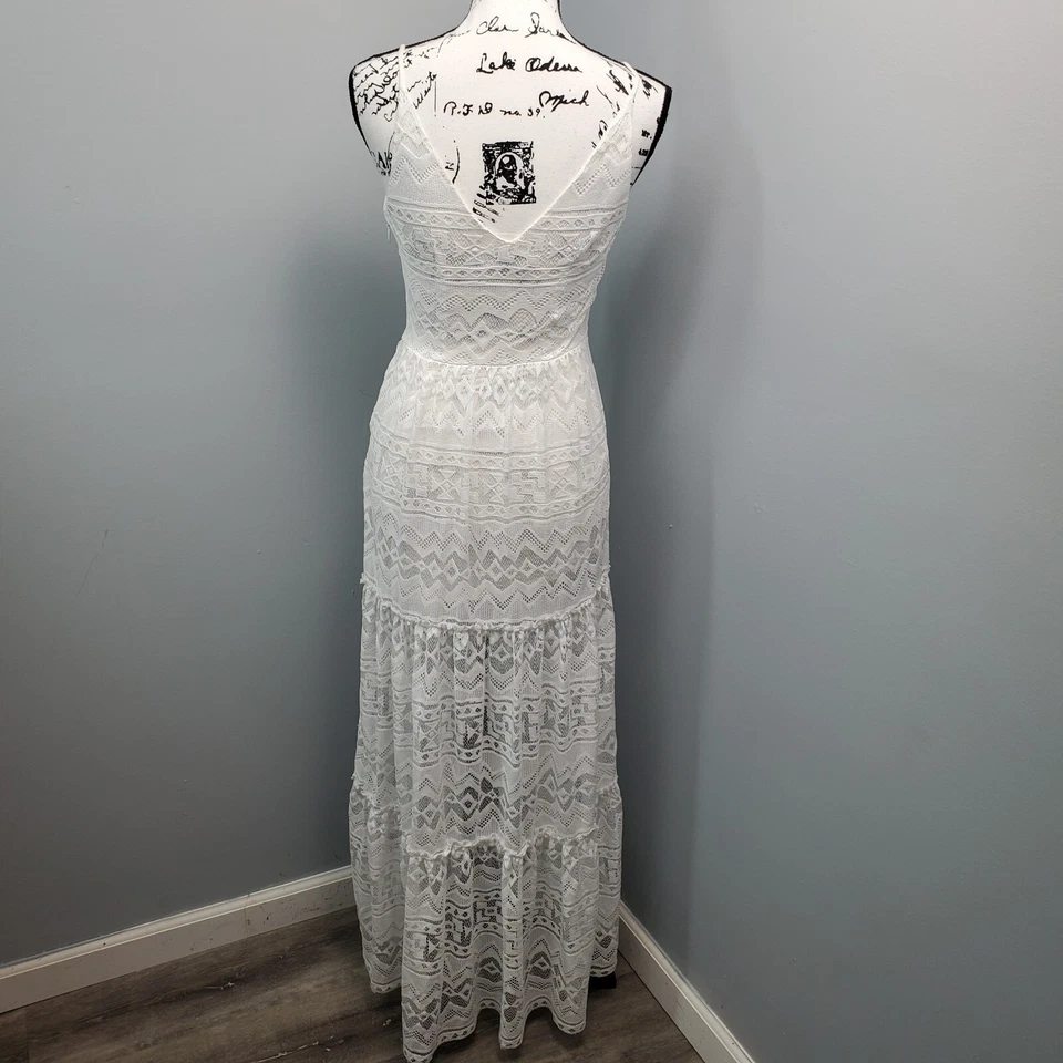 bebe Vestido largo maxi para mujer talla 4 Encaje blanco Tirantes de espagueti Cuello en V Cremallera lateral Foto 2 de 4