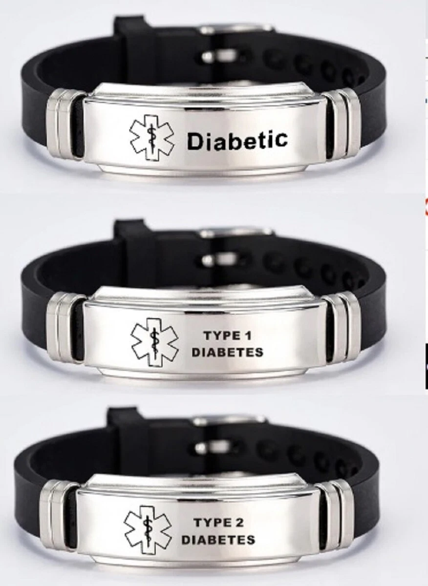 DIABETES TYPE 1 2 MEDICAL ALERT BRACELET STRAP BAND DIABETIC BLACK UK A126