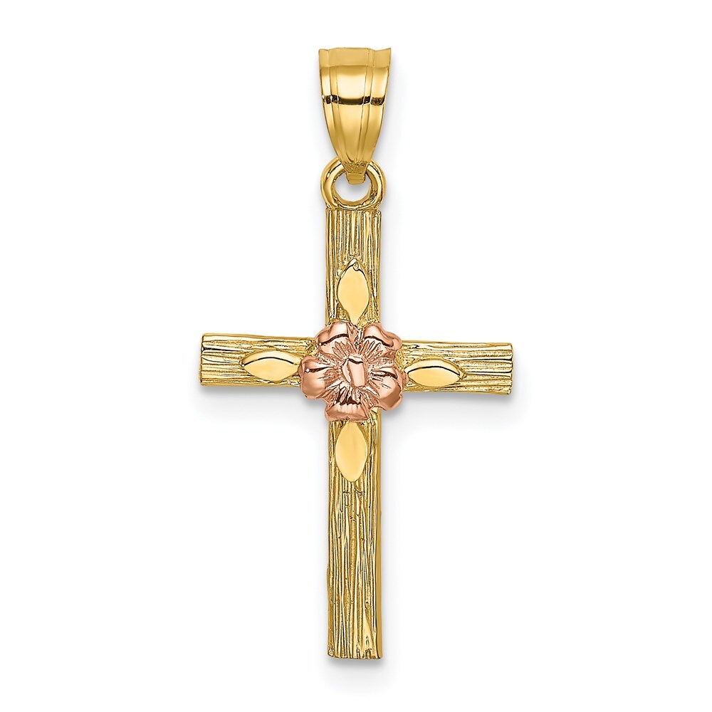 Cruz texturizada oro dos tonos 14k con colgante de flores