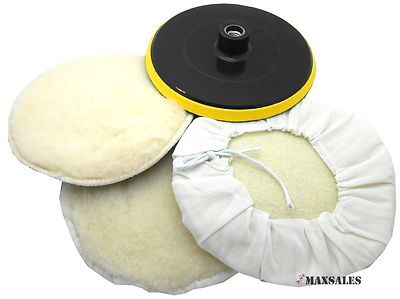 (4pc) 7'' POLISHER/BUFFER WOOL BONNETS & PAD W/ HOOK & LOOP for POLISHING/BUFFING