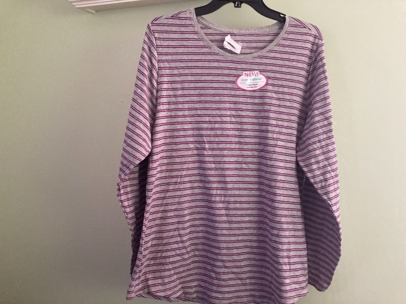 LADIES TOP-size Large-Hanes brand-gray & purple colors-striped-new-Stylish!