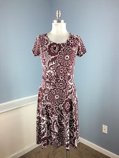 Talbots S Brown White floral Print Stretch Dress Work casual Cap Sleeve Flare