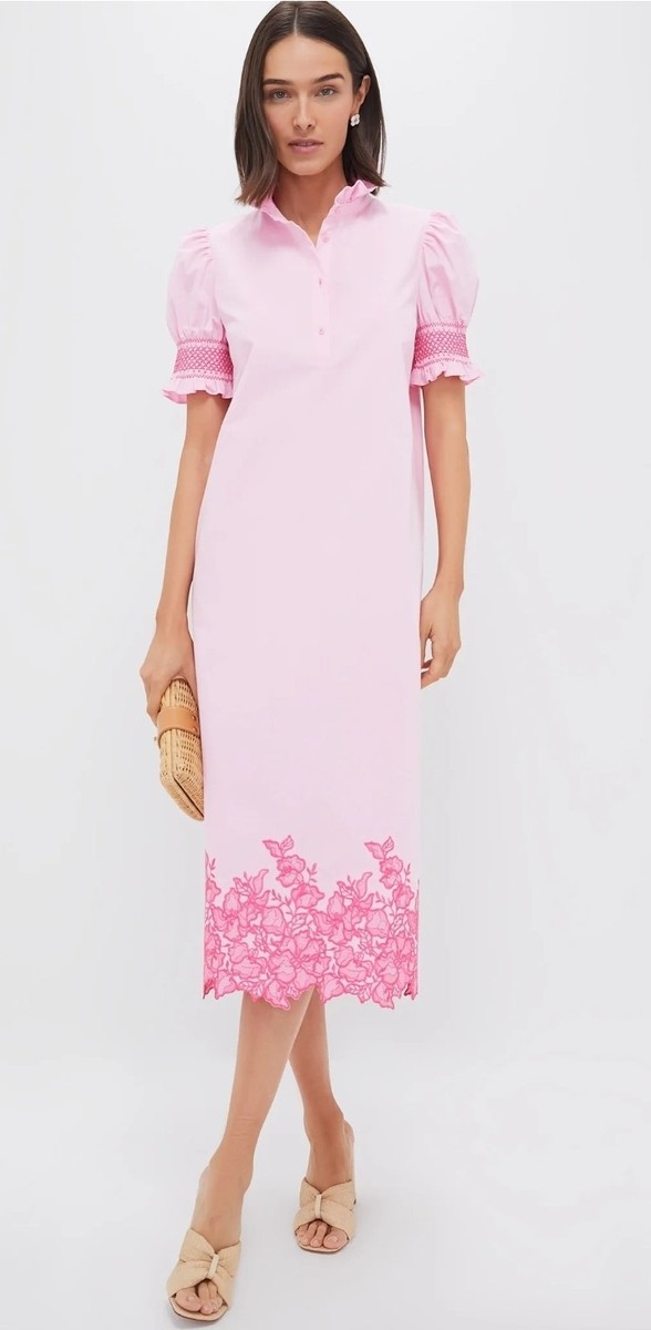 knee length dresses for ladies Hyacinth House Hot Pink Embroidery Eliza Midi Dress Hot Pink / M