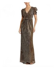 New Mac Duggal Bow Waist Metallic Gown Sz 8 Bronze Cap Sleeve 26661