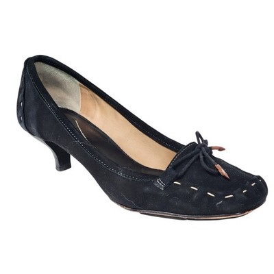 Kate Spade Laney Black Suede Kitten Heel Square Toe Whipstitch Pumps 7.5