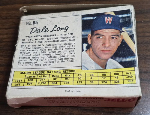 1962 Jell-O Baseball #65 Dale Long Senators Uncut Card Original Intact Box RARE!