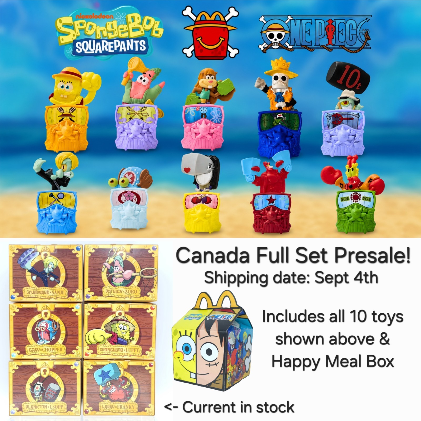 FULL SET Mcdonalds Canada One Piece SpongeBob Luffy Chopper Happy Meal Presale