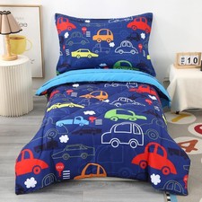 Car Toddler Bedding Sets for Boys 4 Piece Blue Vehicle Kids Toddler Bed Sheet...