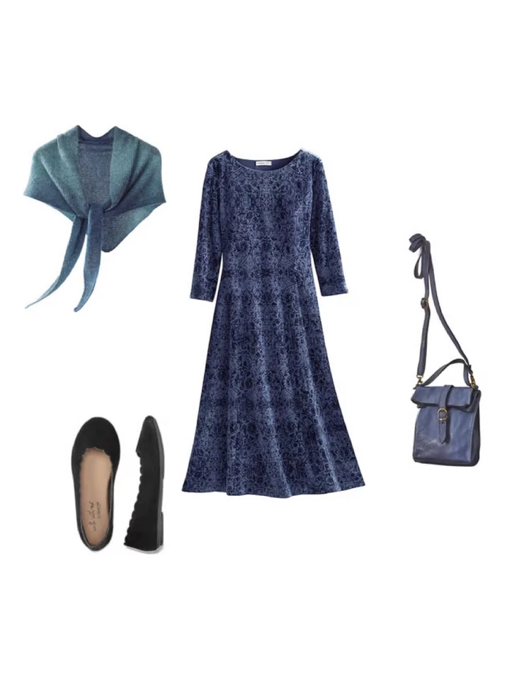 Vestido Coldwater Creek Desplazado Elastizado Terciopelo Color Azul Marino Medianoche Foto 3 de 4