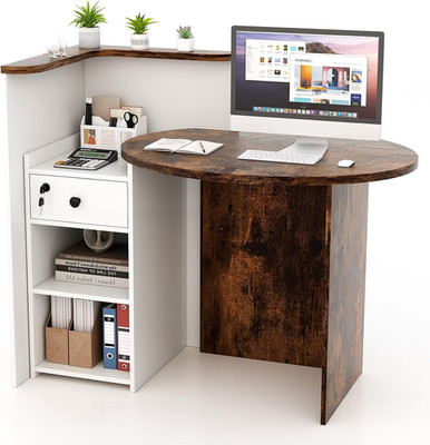 Stylish Small Reception Desk with Lockable Drawer & Open Shelves, White & Brown