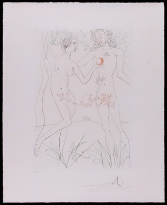 Salvador Dali Signed ''Adam and Eve'' 18x22 Limited Edition Etching; Hand Numbered