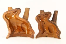 = RARE 19th C Pair of  Glazed Redware Rabbit Molds, Pennsylvania