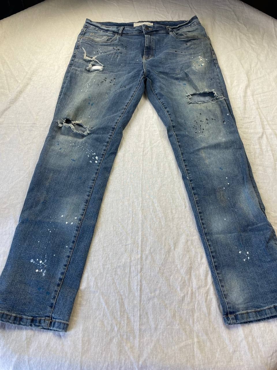 Refinery Republic Jeans Mens 38x32 Blue Dark Wash Denim Distressed Straight