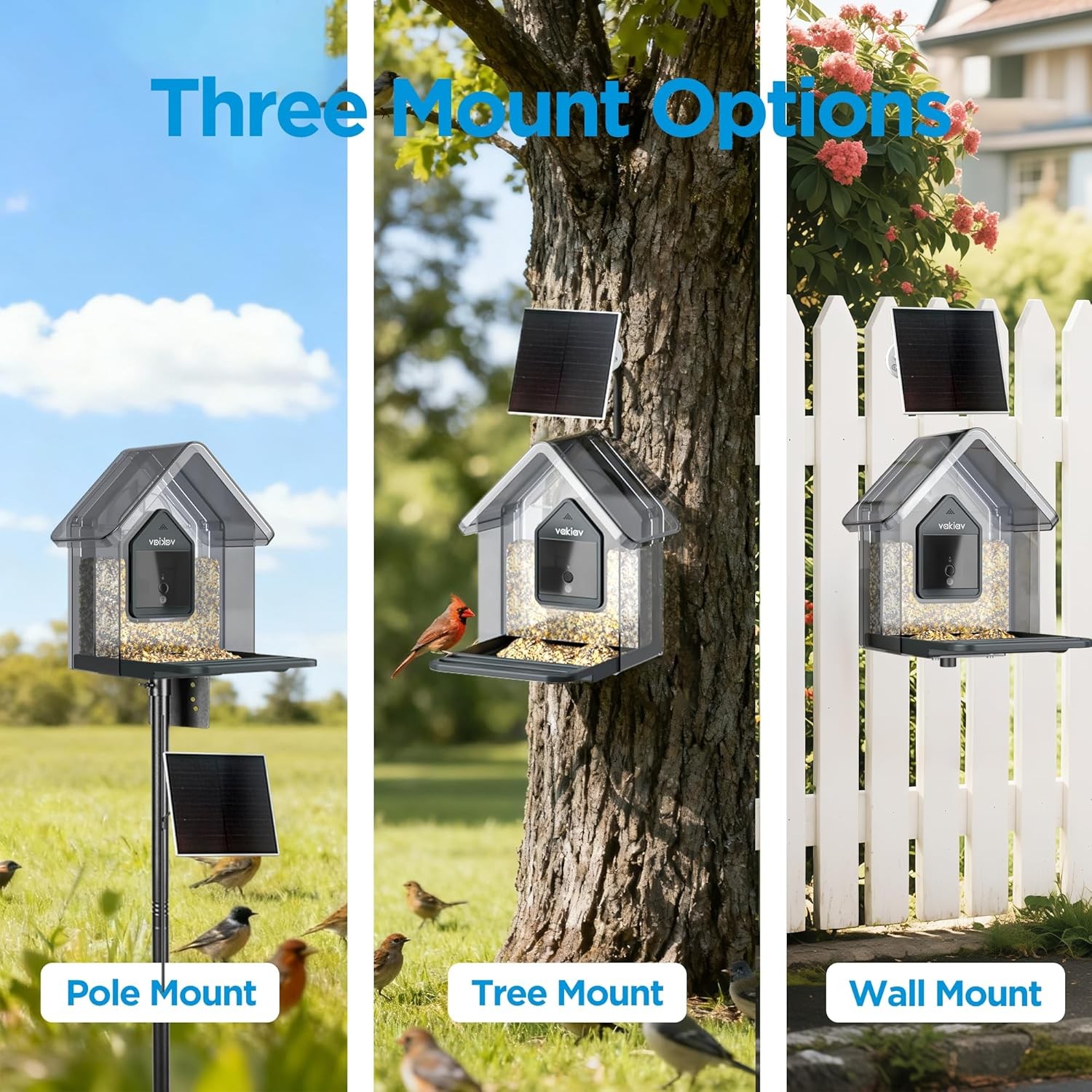 Smart Bird Feeder with Camera Solar Powered,4K Transparent Black 
