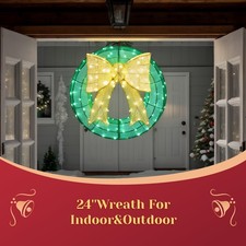 24in Pre-lit Christmas Wreath with LED Light, Holiday for In/Outdoor Decorations