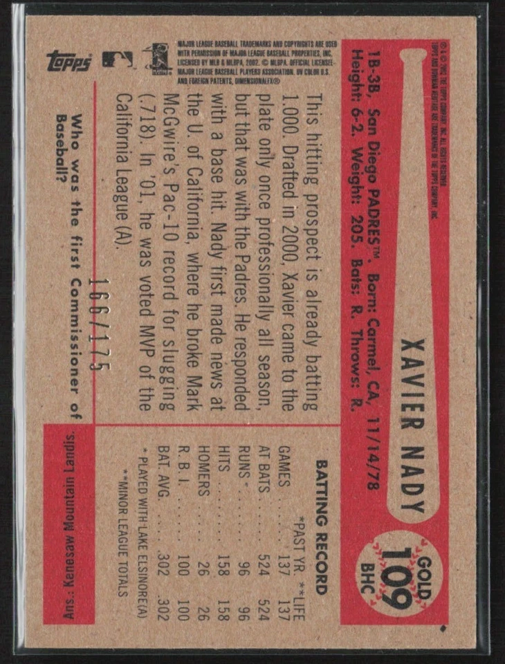 Xavier Nady 2002 Bowman Heritage Gold Chrome Refractor /175 #109BHC San Diego - Image 2 of 2