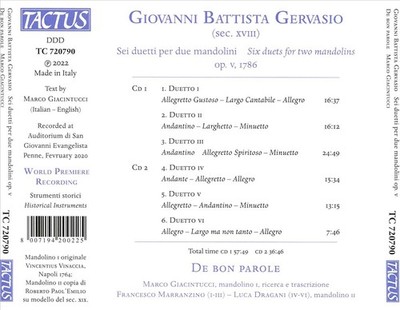 DE BON PAROLE / MARCO GIACINTUCCI GIOVANNI BATTISTA GERVASIO: SEI DUETTI PER DUE